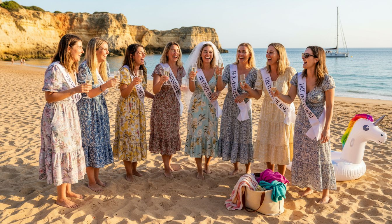 Hen party group toasting on Albufeira beach at sunset