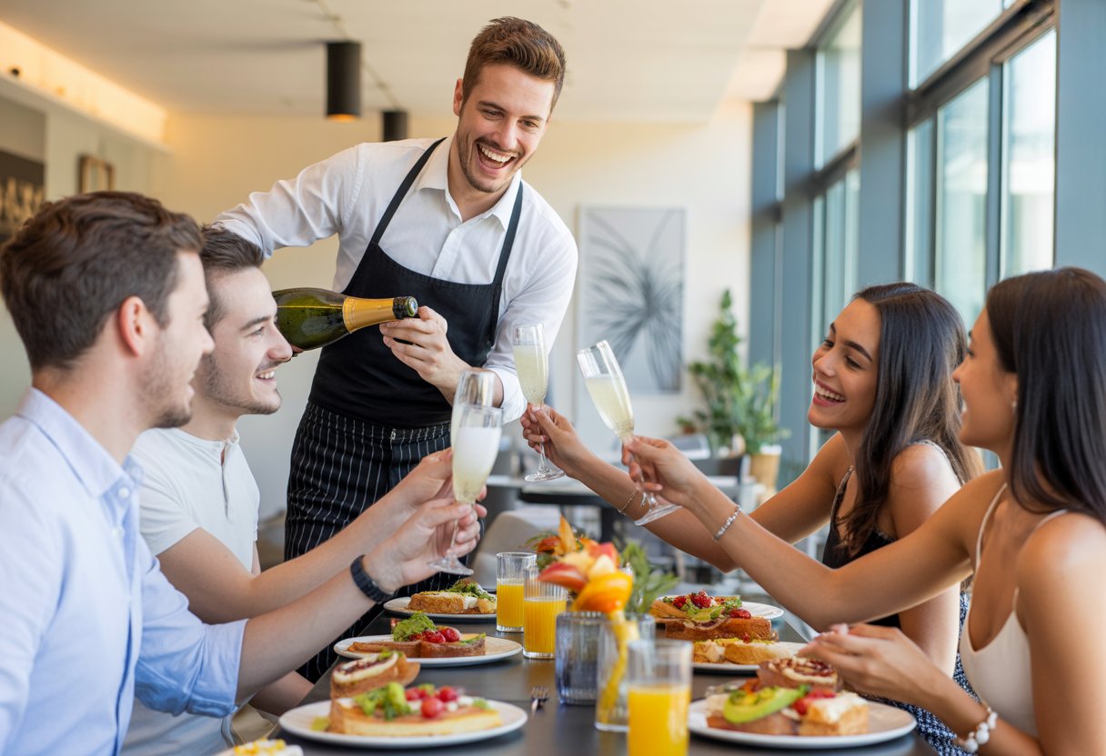A waiter pouring Prosecco for a group of people enjoying a brunch at a modern restaurant.