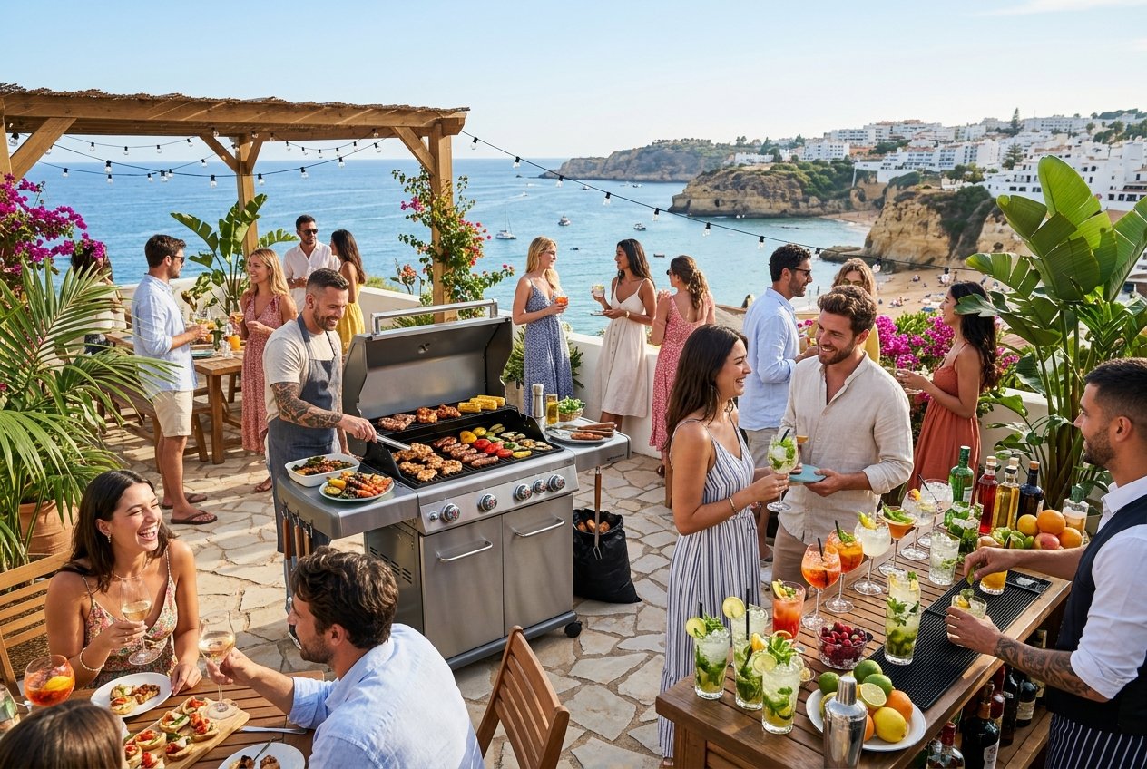 Outdoor summer party with people enjoying grilled food and colourful cocktails on a terrace overlooking the sea.