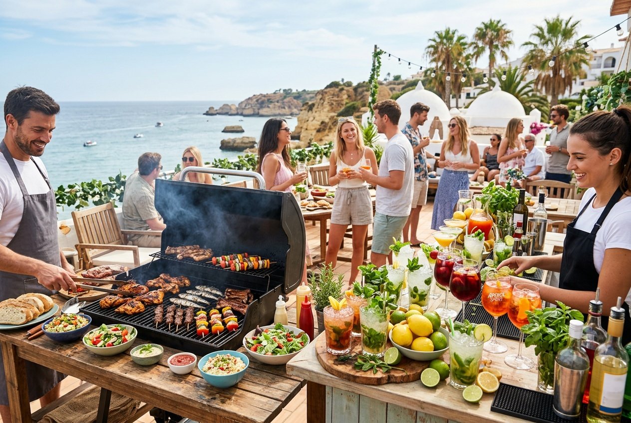 Outdoor summer party with a BBQ grill and a cocktail bar, guests enjoying food and drinks by the coast.