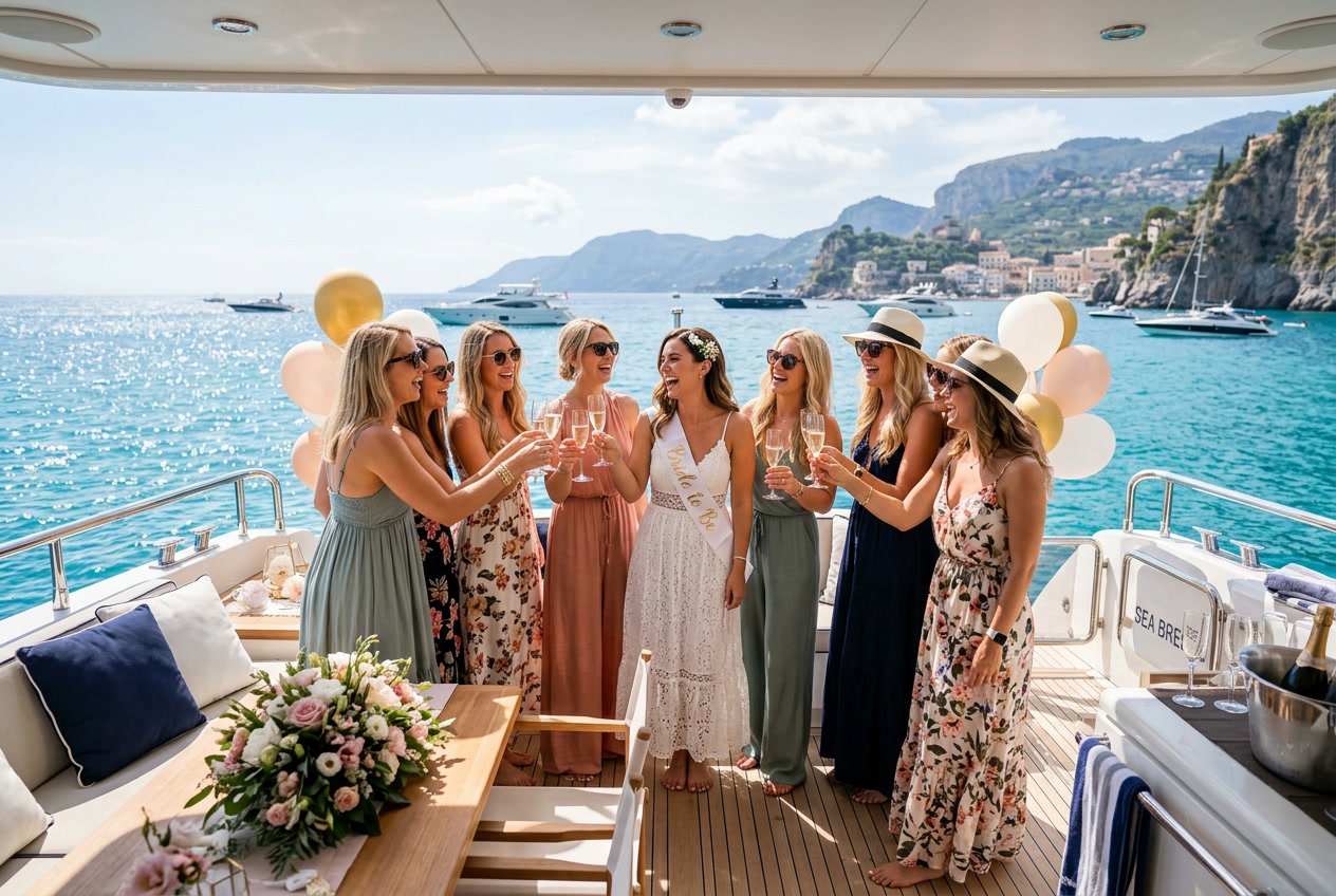 A group of women celebrating a hen party on the deck of a private yacht, enjoying drinks and laughter with the sea in the background.